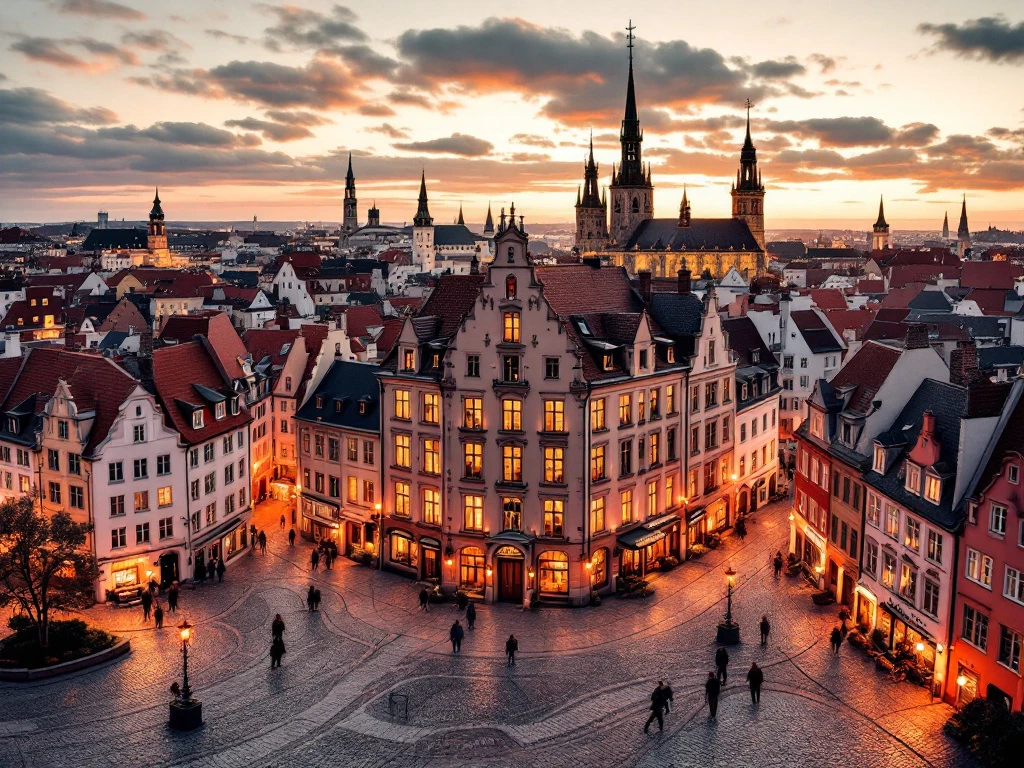 Historic My City Hotel in Tallinn's Old Town at golden hour, surrounded by medieval spires and cobblestone streets of the UNESCO heritage site